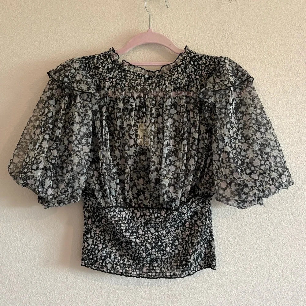 NWT Free People Beatrice Lace-Up Top Chiffon Puff-Sleeve Women’s Medium Black